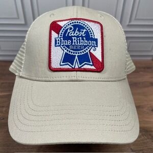 Pabst Blue Ribbon Square Logo Embroidered Patch Adjustable‎ Trucker Hat Beige